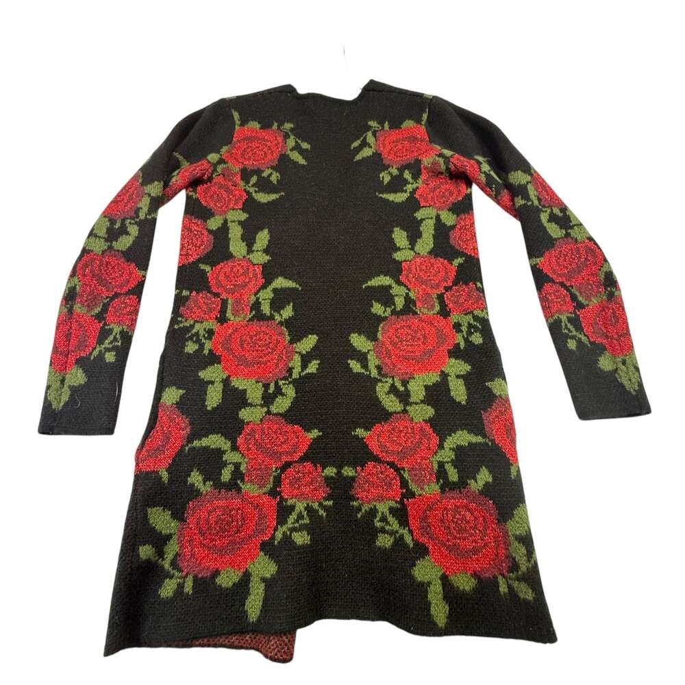 By Design Red Rose Floral Open Front Long Cardigan Sweater Size M - Picture 4 of 10
